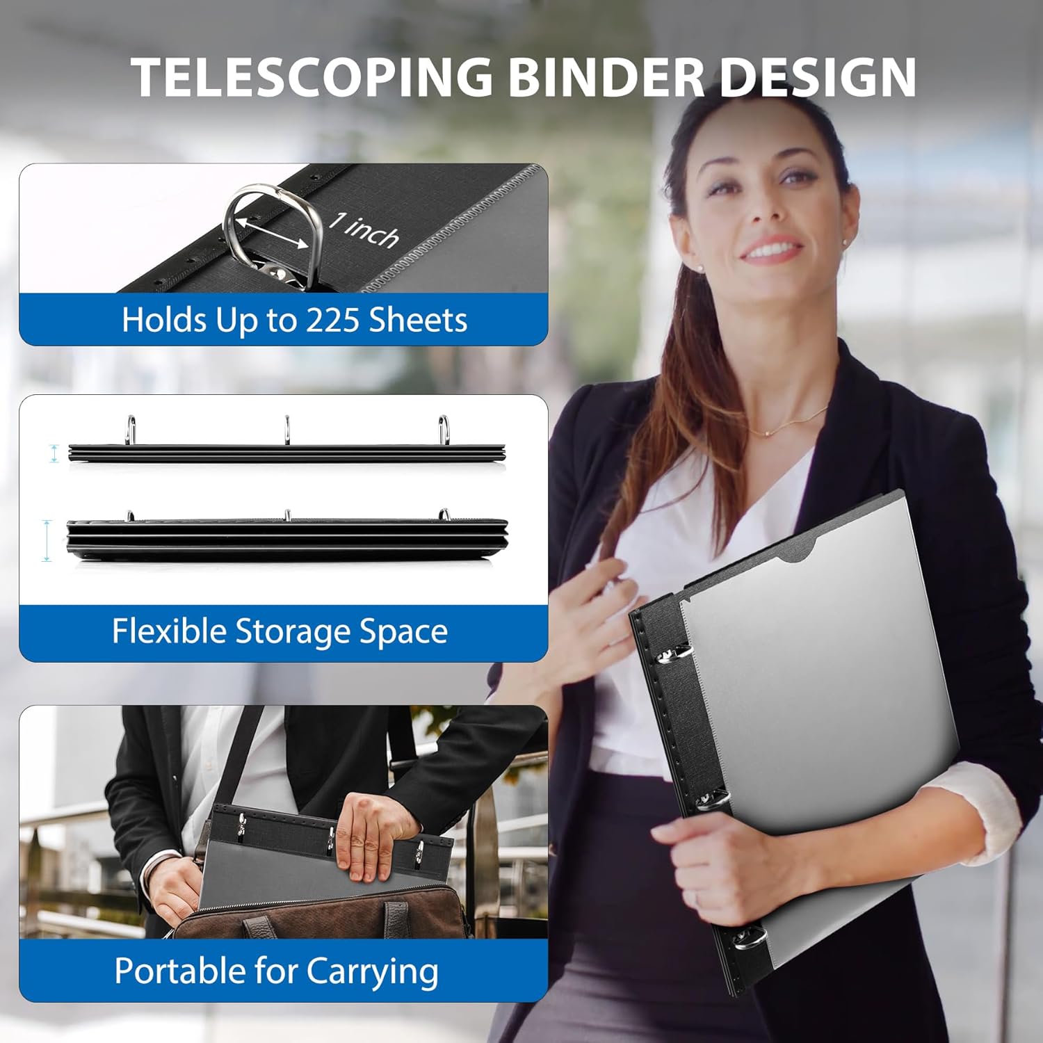 1 Inch Telescoping 3 Ring Binder-12PCS, Flexible Binder with Customized Front Cover, Holds 225 Sheets, School Office Supplies, Black