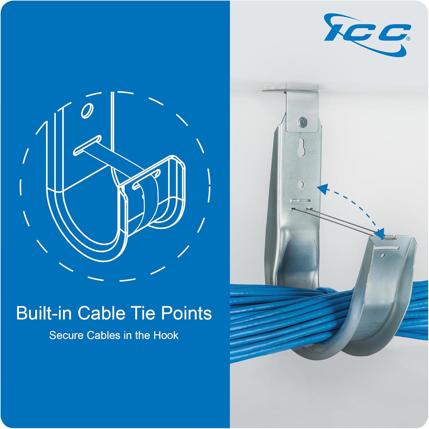 ICC Ceiling Mount J Hook 2” with Retainer Clip - Galvanized Steel Cable Management Hooks for Hanging Cable - Rust-Resistant, EIA and TIA Compliant - 2 Inch 25-Pack