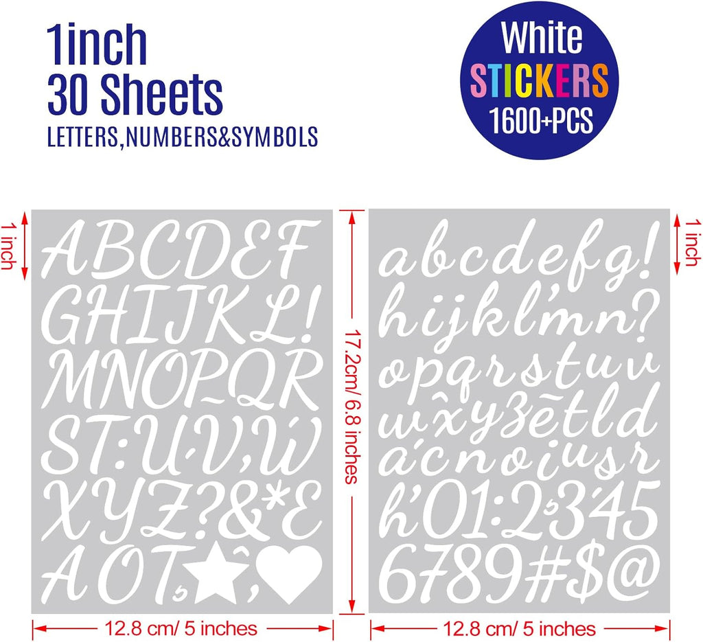 Letter Stickers 30 Sheets 1600 Pieces Alphabet Sticker 1 Inch Vinyl Self Adhesive Stick on Stickers for DIY Crafts Art Making Mailbox Scrapbook Classroom Decor(White)