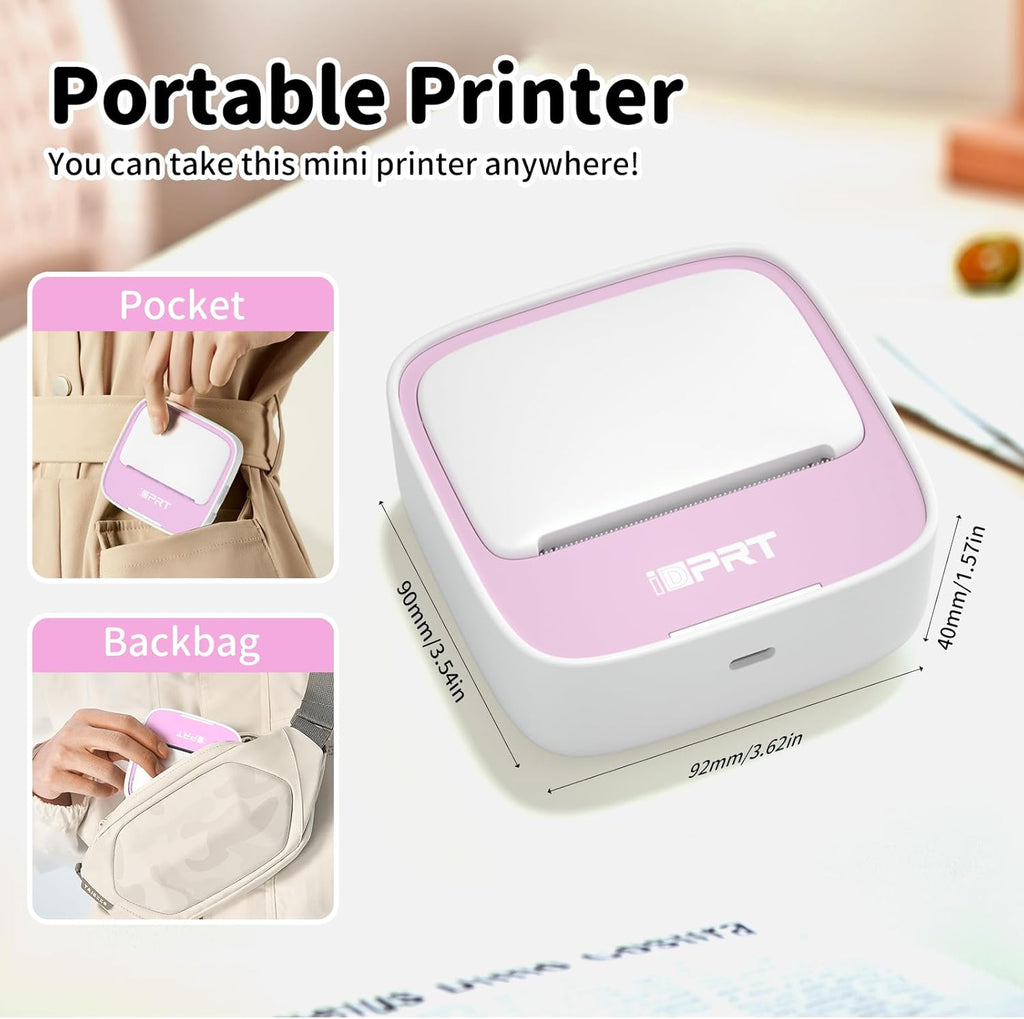 iDPRT Portable Mini Thermal Sticker Printer, Bluetooth Inkless Printers with 1 Roll Sticker Paper, Sticker Machine for Notes, Journal, DIY, Label Printing, Compatible with iOS & Android Phones, Pink
