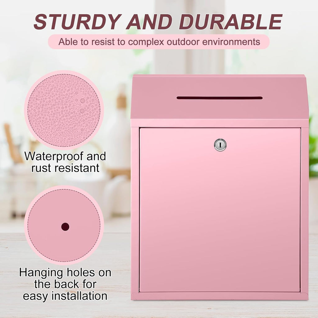 Metal Donation Cash Box Collection Safe Suggestion Box with Lock Wall Mounted Mailbox Delivery Ballot Container for Home Office Outdoor Door(Pink,15 x 12 x 4 Inch)