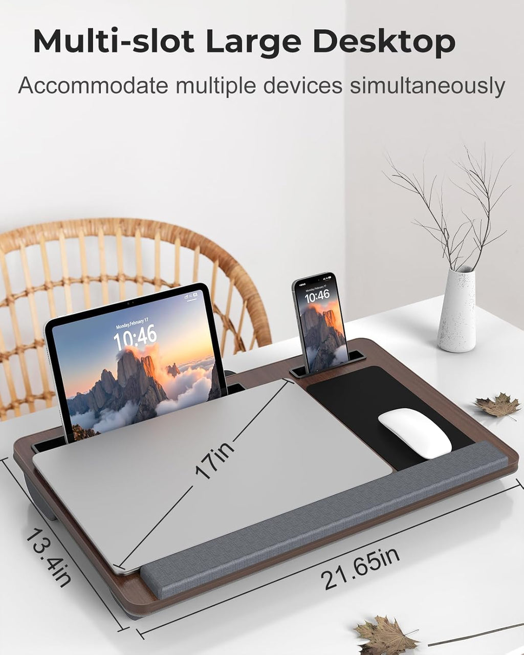 Lap Desk - Up to 17” Laptop Tray with Wrist Rest, Portable Handle, Fixed Mouse Pad, Tablet & Phone Slots, Laptop Lap Desk with Cushion (Dark Brown)