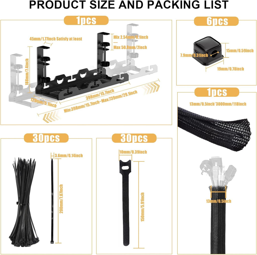 Under Desk Cable Management Tray Black Extendable 15.7"- 29.1" Metal Large Capacity Cable Management Kit No Drill Cable Management Box Cord Organizer for Desk Wire Management Cable Basket