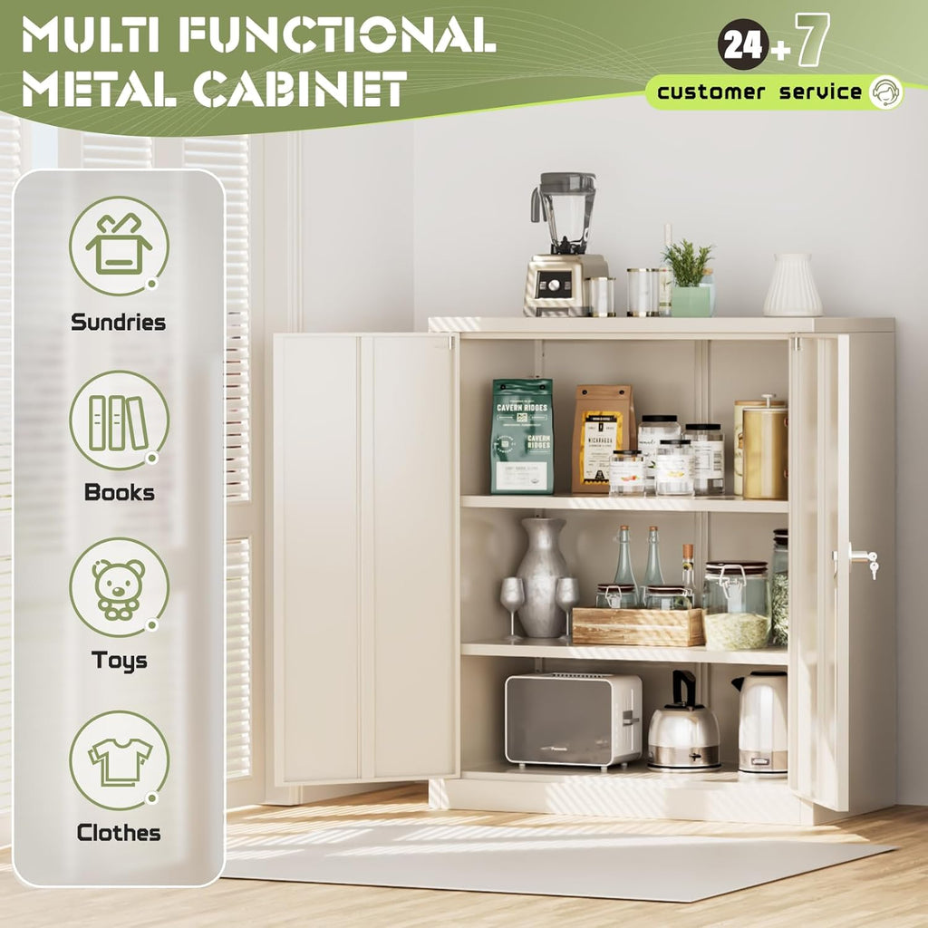 SUNCROWN Metal Storage Cabinets, 36”Locking Cabinet with Doors and Adjustable Shelves, Steel Utility Tool Garage Cabinets for Home, Office, Kitchen, Warehouse,Warm Grey