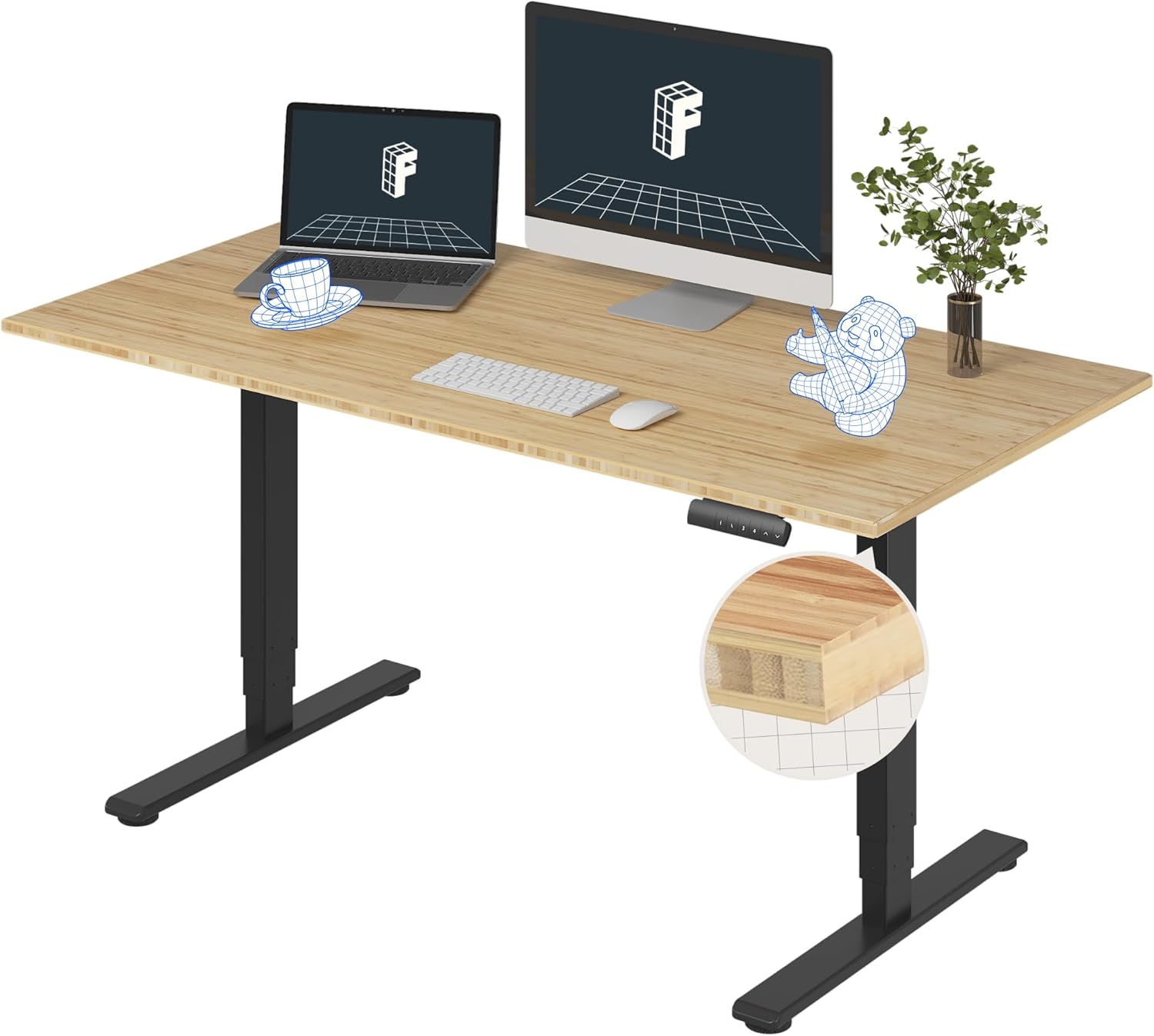 FLEXISPOT E6 Essential Bamboo 3 Stages Dual Motor 60x30 Inch Electric Height Adjustable Standing Whole-Piece Board Desk Sit Stand Up Desk (Black Frame + Bamboo Desktop)