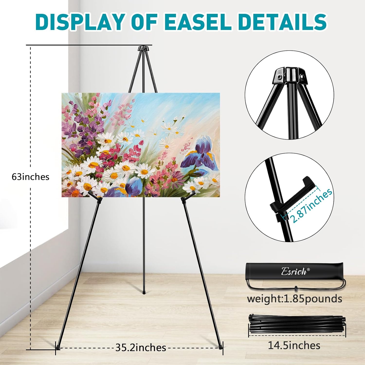 ESRICH 63" Display Easel Stand for Wedding Sign, Portable Foldable Metal Easel, Lightweight Metal Easels for Signs Wedding Logos,Arts, Painting,Adjustable Floor Easels with Storage Bag (24Pack)