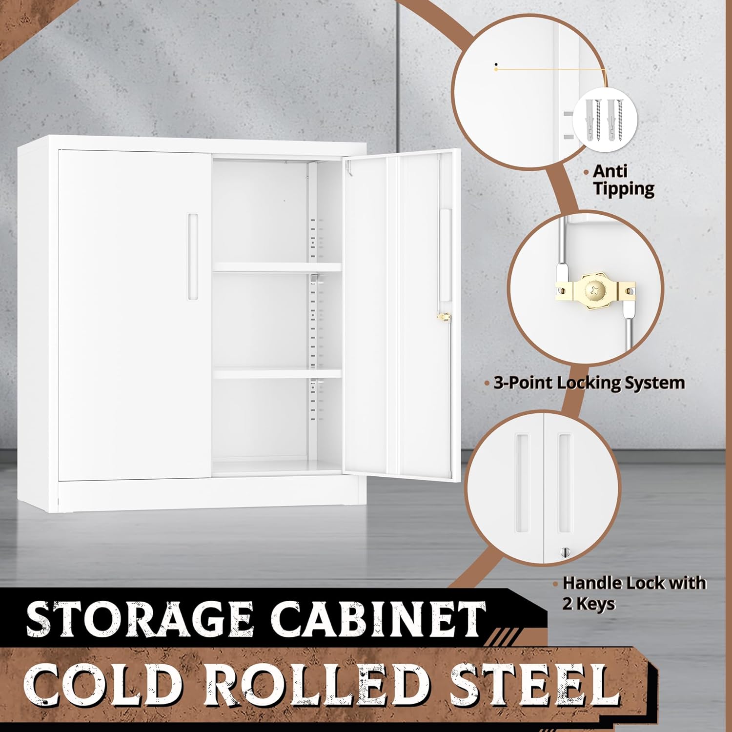 SUNCROWN 36” Metal Storage Cabinets with Doors and 2 Adjustable Shelves, Locking Tool Garage Cabinet, File Cabinets for Home & Office (White)