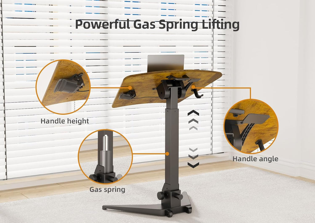 Claiks Mobile Standing Desk, Portable Rolling Sit-Stand Desk with Wheels, Height-Adjustable with 90 Tiltable Top, Foldable Computer Stand, Rustic Brown