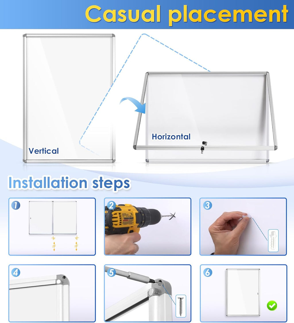 SWANCROWN Locking Bulletin Boards Enclosed Noticeboard White Glass Message Boards Indoor for School Office 38x28inch(9xA4)