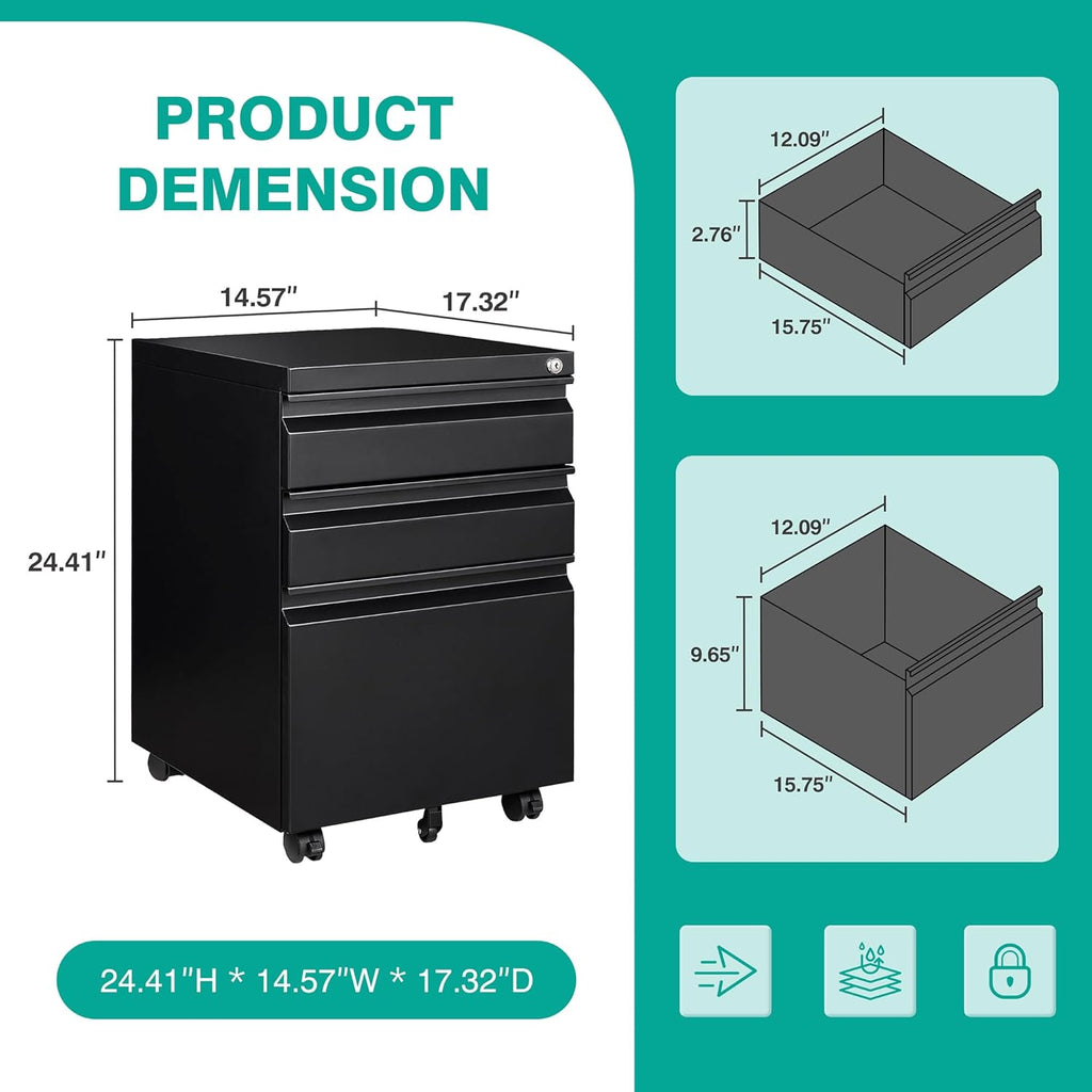 3 Drawer File Cabinet with Lock,Under Desk File Cabinet with Wheels,Black Rolling Filing Cabinets,Three Drawer Metal Filing Cabinet for Home Office,Fit A4/Letter/Legal File,- Assembly Required