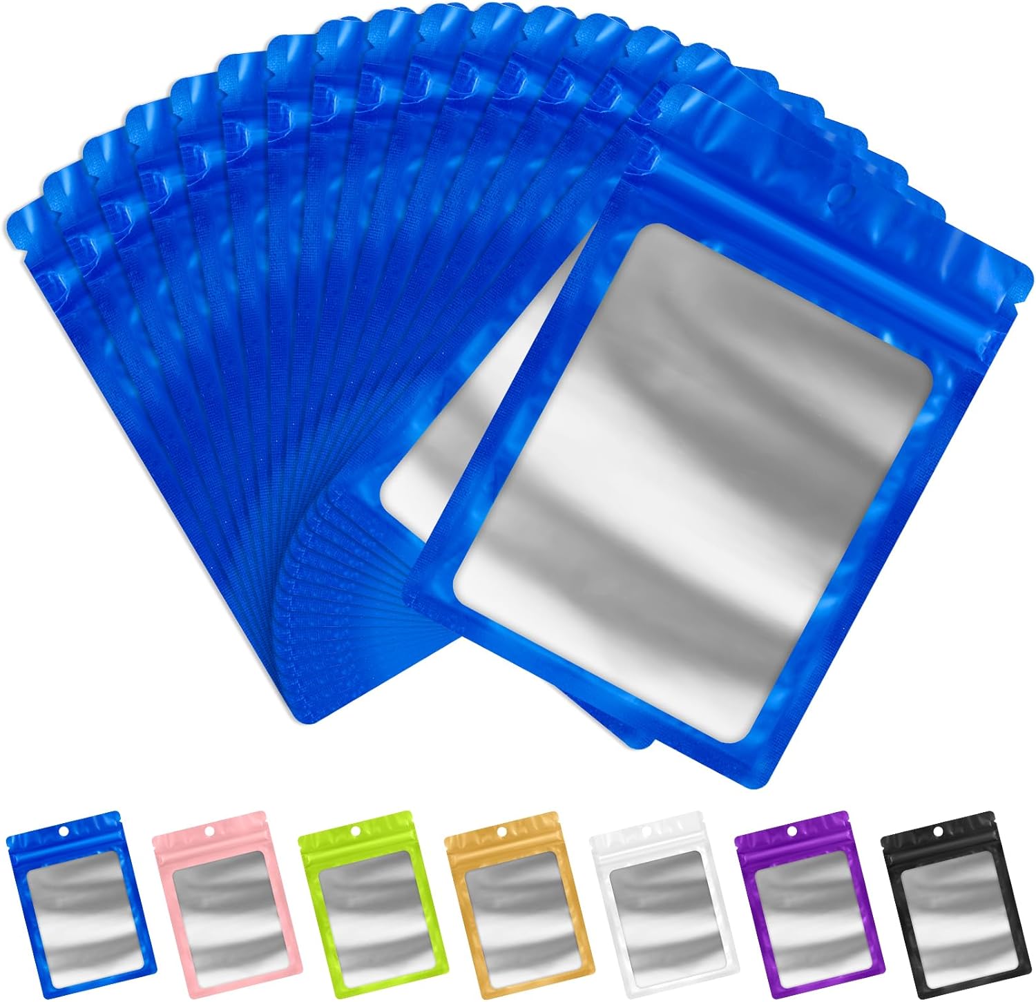 FUNFERY 100 Pack Mylar Resealable Bags Foil Packaging Bags with Clear Window,Zipper Pouch Smell Proof Bag for Food Storage,Cookies,Sample,Small Business(Blue,2.4x3.9inch)