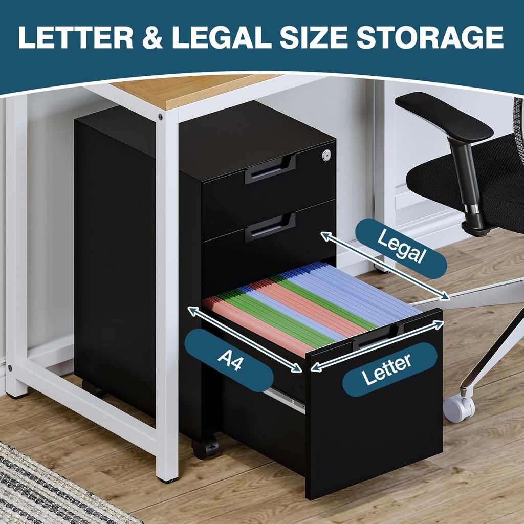 MIIIKO 3 Drawer Filing Cabinet with Lock, Metal Black Vertical File Cabinets for Home Office, Full Assembled File Cabinets Under Desk, Letter/Legal/A4 File Folders Storage