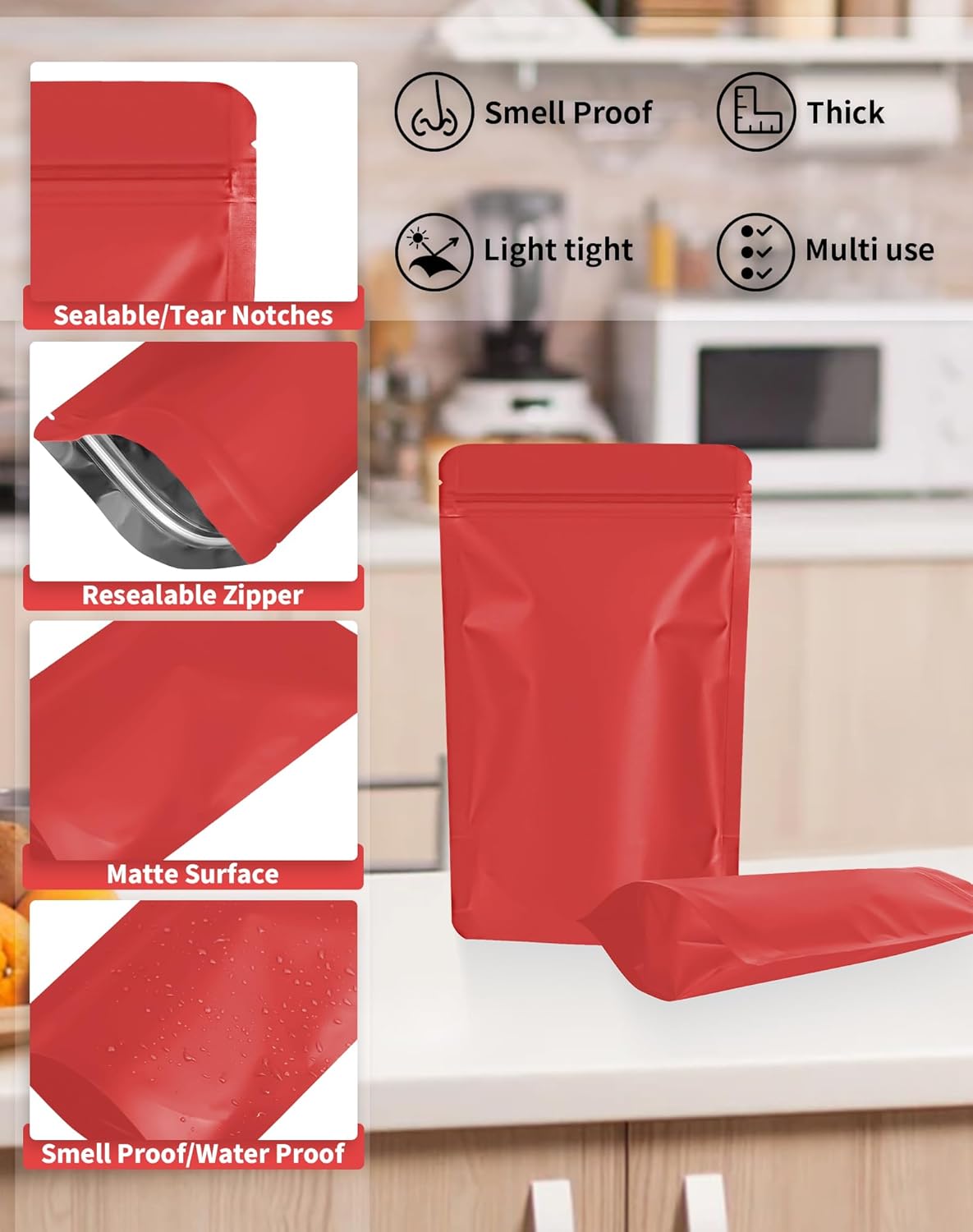 100 Pack Resealable Stand Up Bags,7.9" x 11.8" Smell Proof Pouch Sealable Foil Pouch Bags for Packaging (Red)