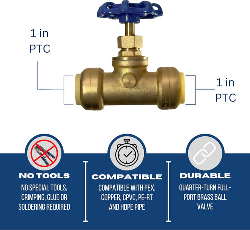 1 inch Push Fit Stop Valve with Drain and Vent, Push to Connect Brass Plumbing Fitting, Pex Pipe, Copper, CPVC, PE-RT, HDPE, 2-5-3=10, 10 Pieces