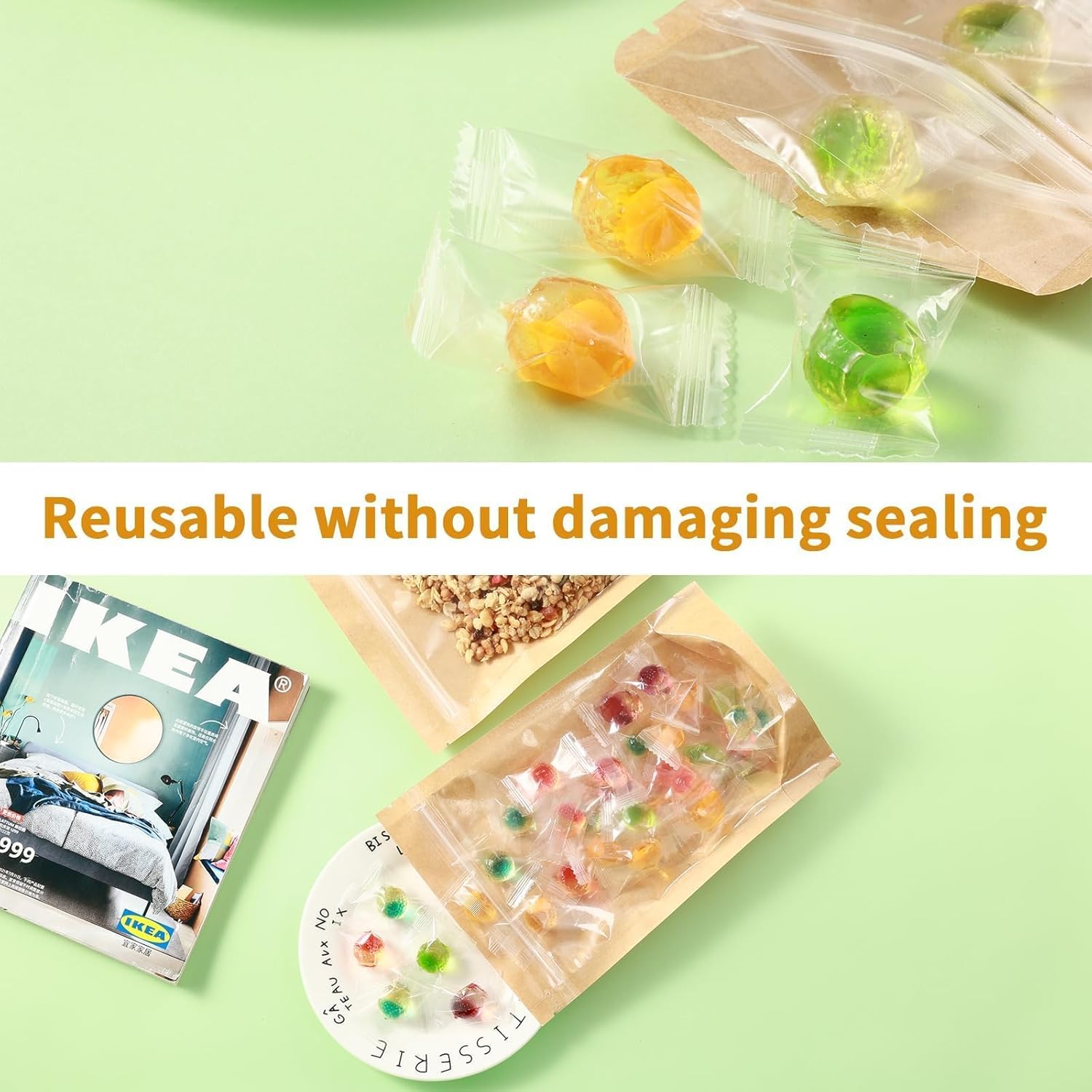 300-Pack Kraft Paper Bags with Clear Window 5" x 8" Reclosable Small Stand Up Mylar Bags for Food Storage Resealable Smell Proof Pouch, Edible Packaging, Reusable bags for Small Business