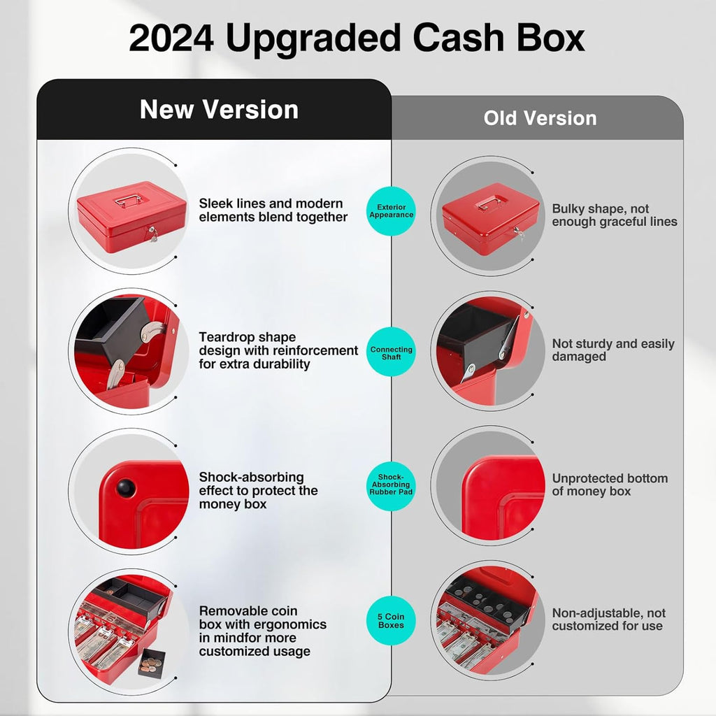 Large Locking Cash Box with Key Lock and Money Tray, Money Box with Cash Tray, Lock Safe Box for Office Business, 11.8" x 9.5" x 3.5", Red