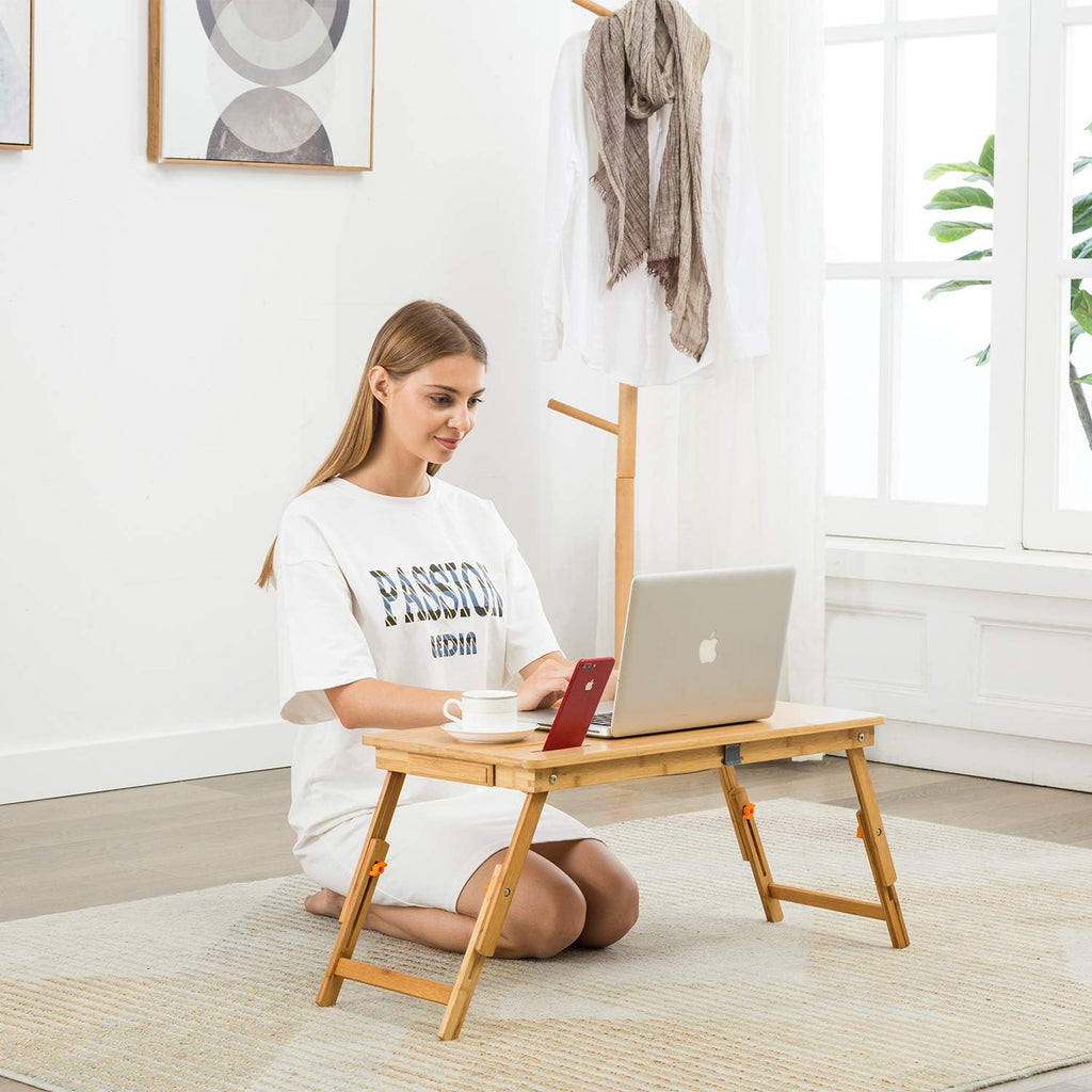 Laptop Desk Nnewvante Bamboo Laptop Table Adjustable Lap Tray Bed Serving Tray Breakfast Table Foldable Coffee Tea Table 7 Tilting Top Angles 4 Latches Large Size 27.95" x 13.8"