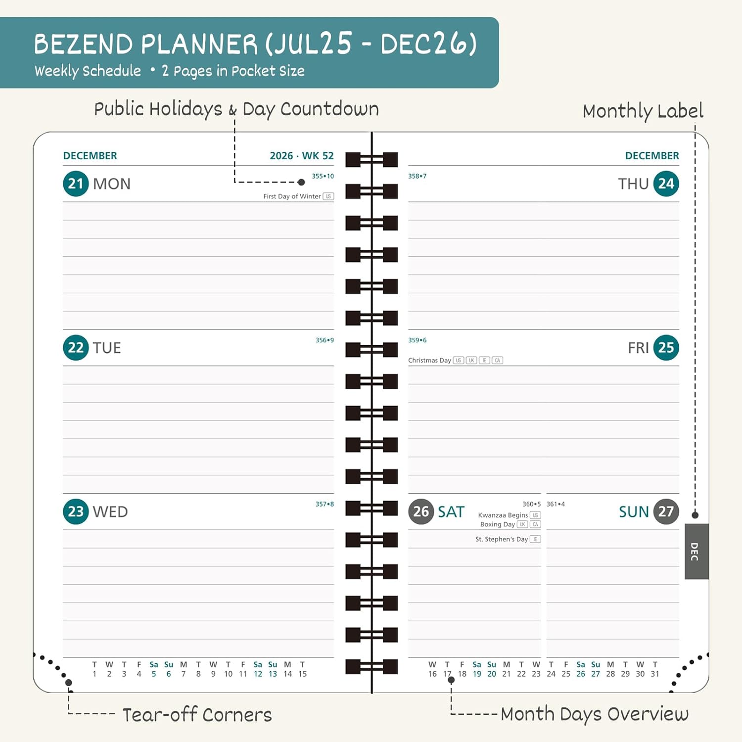 BEZEND Pocket Planner 2025-2026 Weekly and Monthly, 3.5" x 6" Academic Planner (Jul 25-Dec 26) 18-Month Mid-Year Calendar Book, Storage Pocket, Pen Holder, PU Leather Softcover, Spiral - Lavender