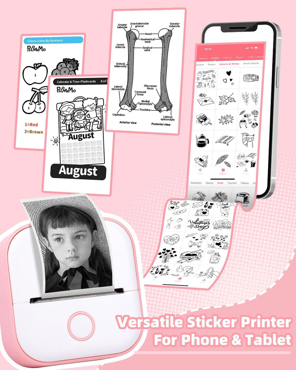 Memoking Mini Sticker Printer - T02 Mini Thermal Printer Wireless Inkless Label Maker Portable Sticker Maker for Student Birthday Gift, Compatible with iOS & Android, Pink