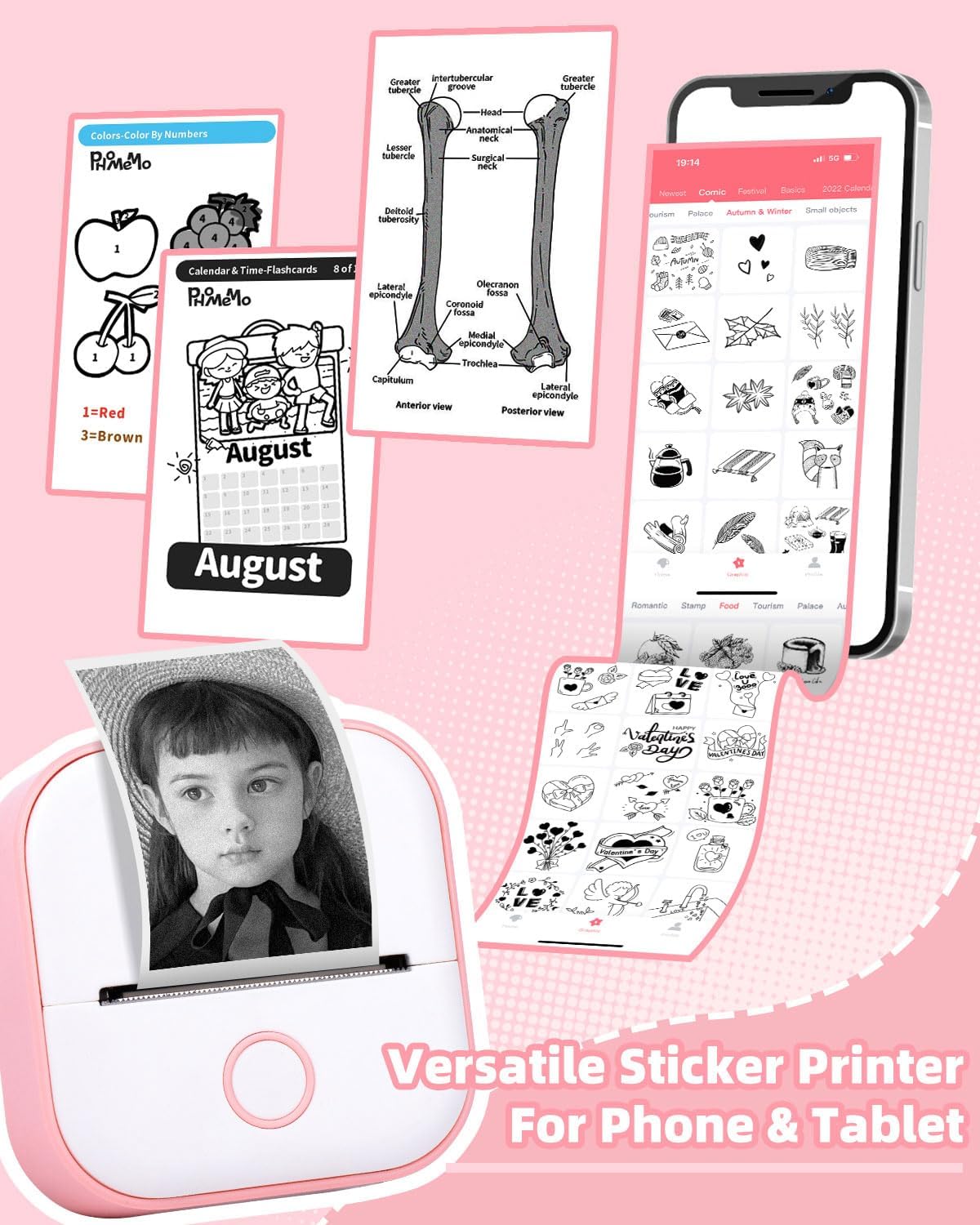 Memoking Mini Sticker Printer - T02 Mini Thermal Printer Wireless Inkless Label Maker Portable Sticker Maker for Student Birthday Gift, Compatible with iOS & Android, Pink