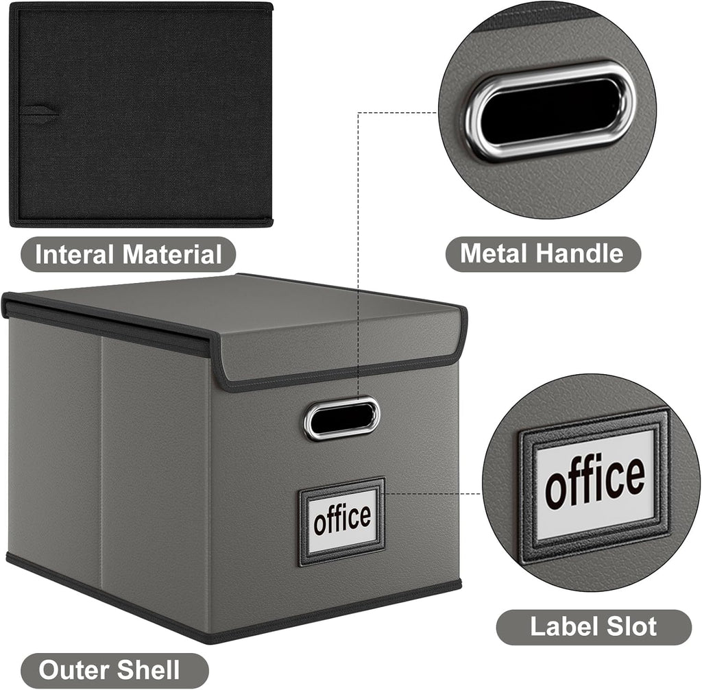 Huolewa Portable Leather File Organizer Boxes with Lids, Office Document Boxes Organizer, Filing Boxes, Decorative Small File Boxes for Hanging Files with Plastic Slide for Office/Decor/Home
