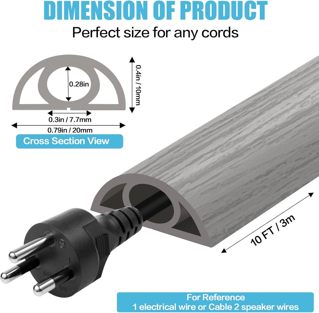 Floor Cord Cover Self Adhesive Cord Hider,10FT Cable Management, Extension Strip Protector for Wires, Prevent Cable Trips for Offices, Gyms, Exhibitions Cavity:0.3"(W) x 0.28"(H) Gray Wood