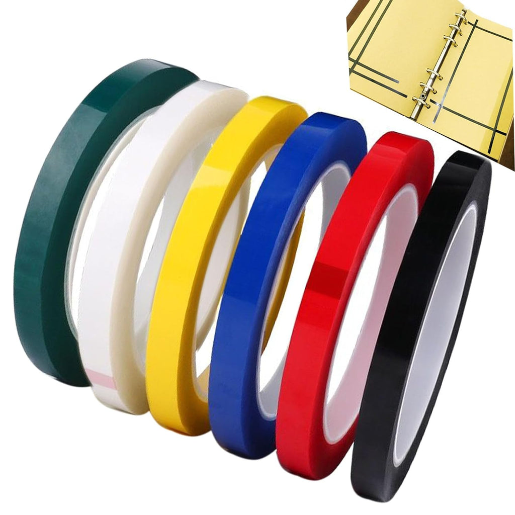 6 Pack 3mm 1/8 inch Width Graphic Tape Whiteboard Self Adhesive Chart Line Grid Marking Tapes Gridding Pinstripe Electrical Art Artist Tape, 108 feet feet Long Per Roll