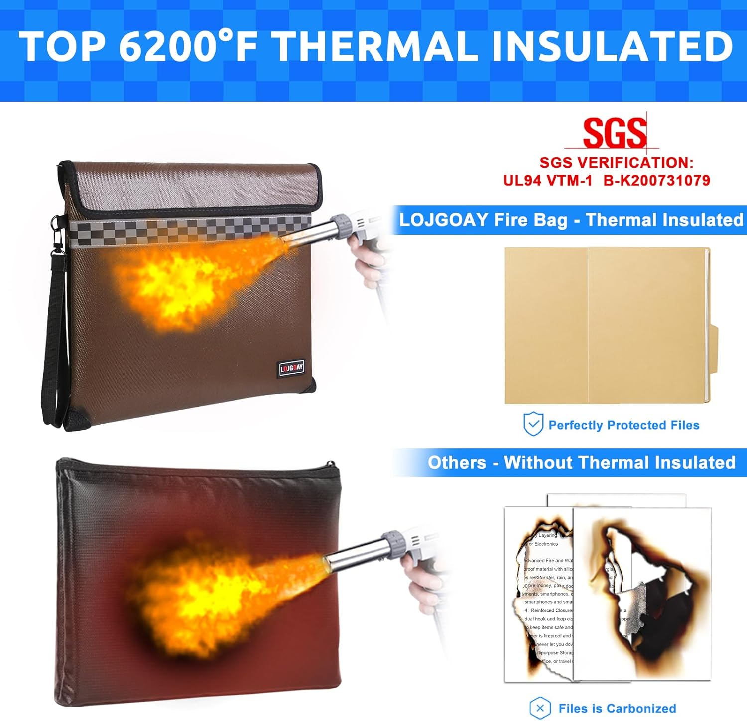 6200°F Fireproof Document Bag with upgrated Fireproof Zipper, Fire Proof Money Bag for Cash with Hand Strap, 9 Layers of Heat Insulated Materials, Water Resistant Fireproof Bag for Documents,Safe Bag