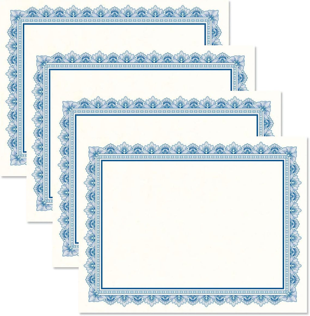 Intricate Blue & White Parchment Certificate Papers - Pack of 25, Laser & Inkjet Printer Compatible, For Office, Business Awards, Graduation, School Diplomas, 8-1/2" x 11" on 60 lb. Text Stock