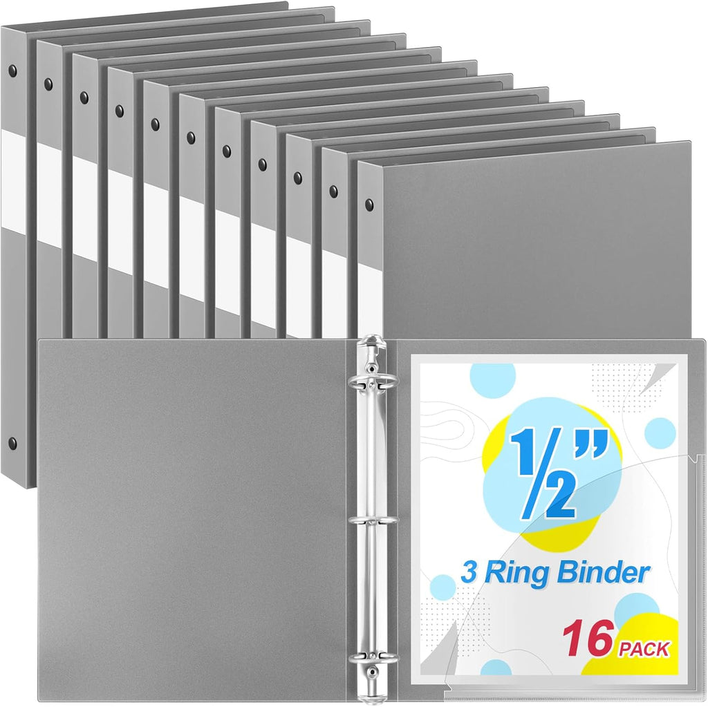 Henoyso 16 Pcs 3 Ring Binder 1/2'' Round Fits Letter Size 8. 5'' x 11'' Paper Plastic Flexible Binder Holds 100 Sheets with 1 Pockets Versatile Organizer for Office Home School (Gray)