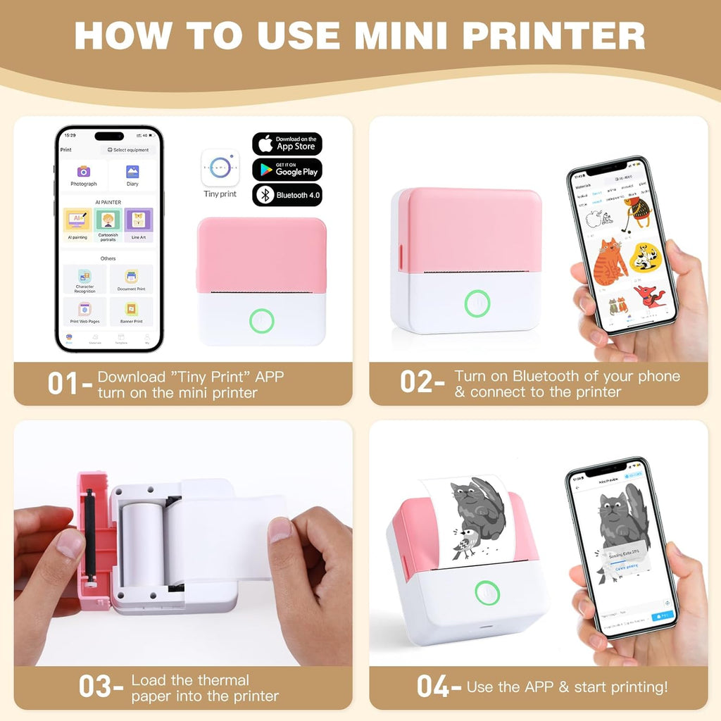 Print Pods Mini Printer, Thermal Inkless Sticker Maker with 10 Rolls Printing Paper, Pocket Printpod for phone, Impresora Portátil for Notes, Flashcards, Journal, DIY, Compatible with iOS & Android