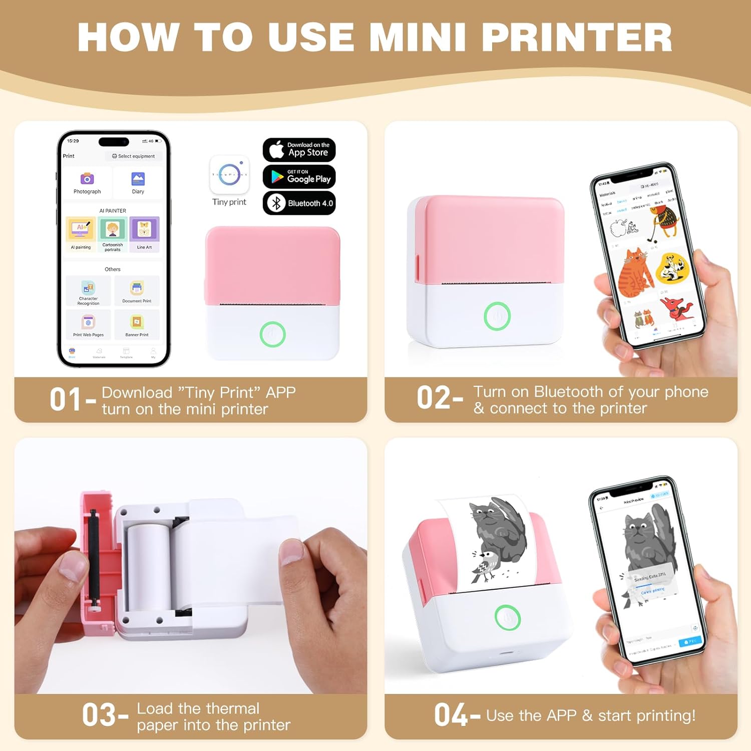Print Pods Mini Printer, Thermal Inkless Sticker Maker with 10 Rolls Printing Paper, Pocket Printpod for phone, Impresora Portátil for Notes, Flashcards, Journal, DIY, Compatible with iOS & Android