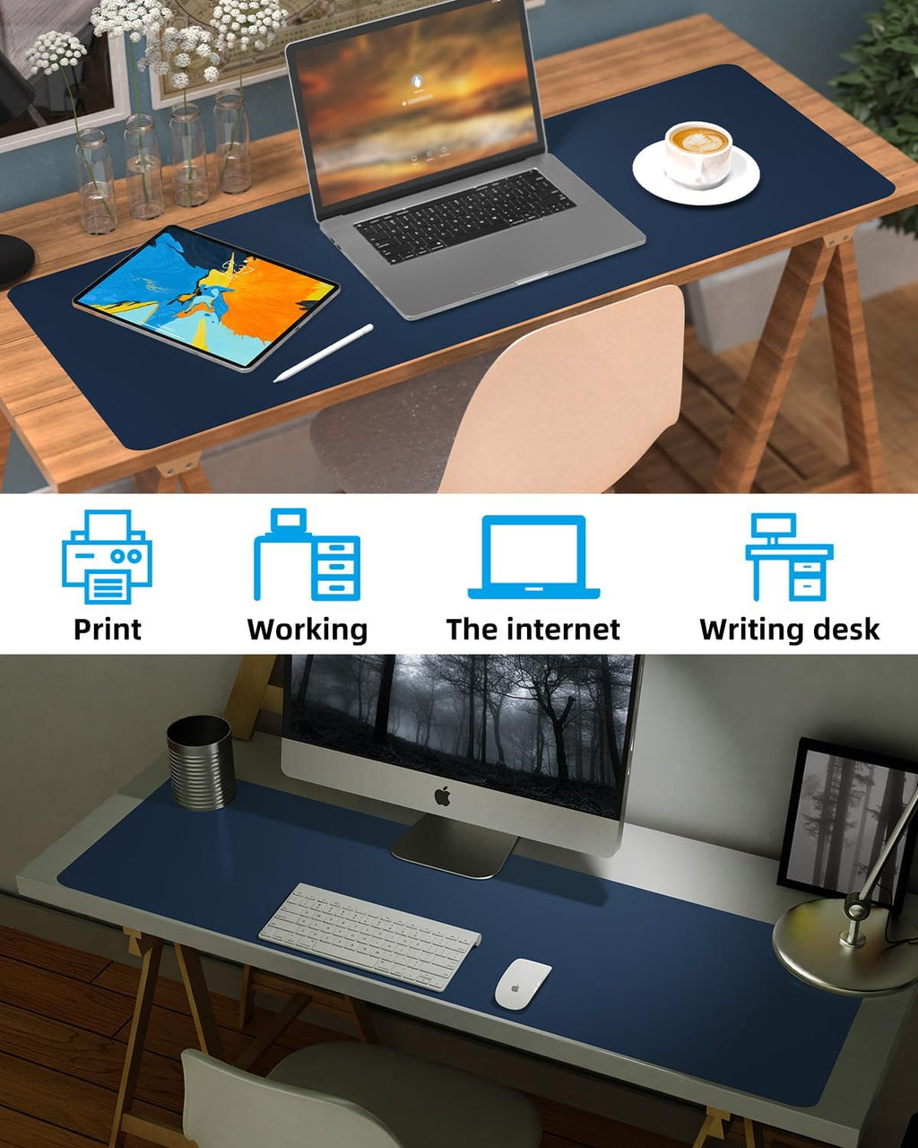 Leather Desk Pad Protector, Large Desk Mat, Mouse Pad, Non-Slip PU Leather Desk Blotter,Desk Cover mat,Desk mat for Keyboard and Mouse,Mat for Office&Home (Midnight Blue, 48" x 17")