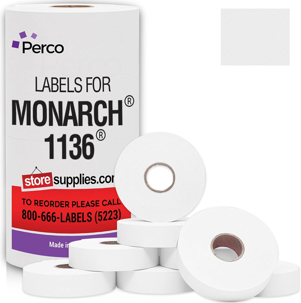 Perco White Pricing Labels for Monarch 1136 Price Gun - 8 Rolls, 14,000 Price Marking Labels