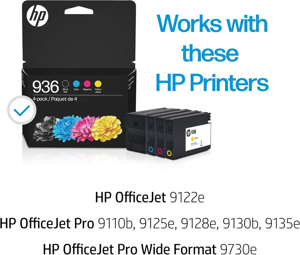 HP 936 Black, Cyan, Magenta, Yellow Ink Cartridges Printers (4-Pack) | Works with OfficeJet 9120, OfficeJet Pro 9110, 9120, 9130, Wide Format 9730 | Eligible for Instant Ink | 6C3Z5LN