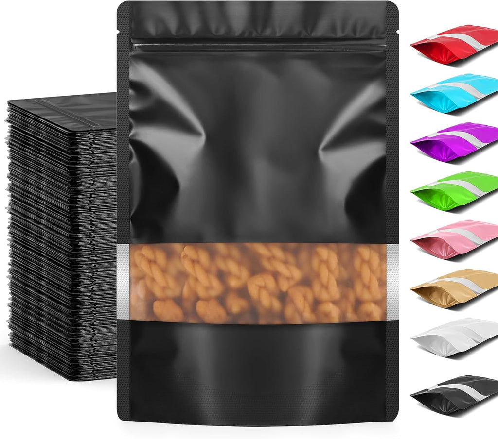Funfery 100 Pcs Smell Proof Packaging Bags,Mylar Clear Bags for Food Storage,Sealable Bag for Packaging,Stand Up Pouches with Window,ReSealable Bag for Small Business,Cookies,Candy(Black,4.7x7.9in)