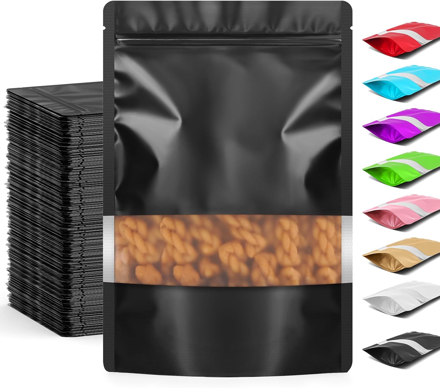 Funfery 100 Pcs Smell Proof Packaging Bags,Mylar Clear Bags for Food Storage,Sealable Bag for Packaging,Stand Up Pouches with Window,ReSealable Bag for Small Business,Cookies,Candy(Black,4.7x7.9in)