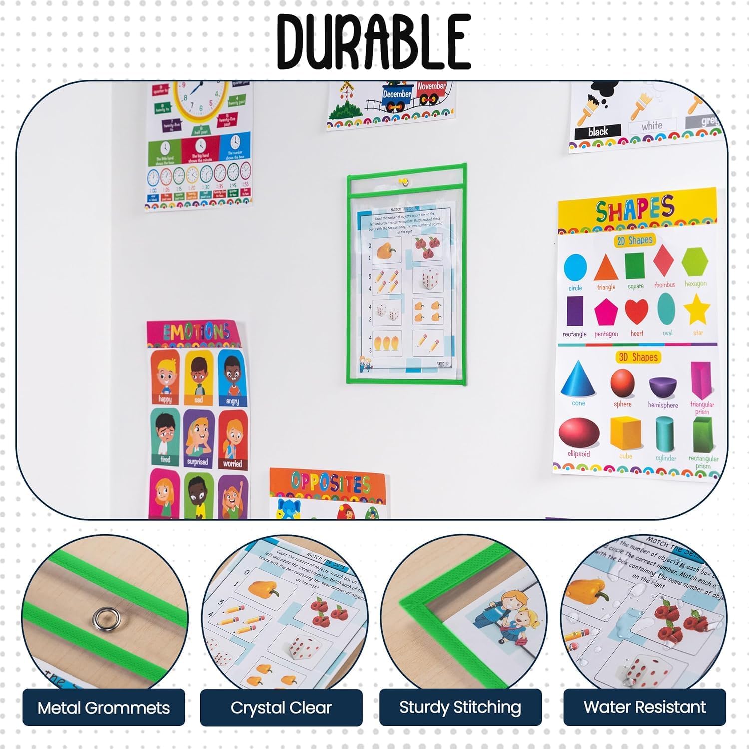 Essex Wares - 6 Pack, Blues & Greens, Water-Resistant Dry Erase Pocket Document Protectors, 10" Wide x 13.5" Tall - Dry Erase Clear Plastic Sleeves - Reusable & Easy Erase Plastic Invoice Holders