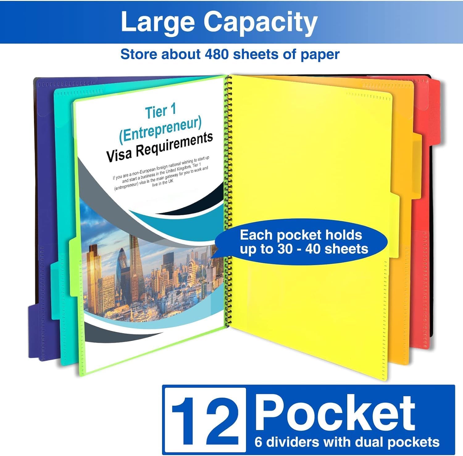 Forvencer 12 Pocket Project Organizer, 1/6-cut Tab Binder Organizer with Sticky Labels, Multi Pocket Folder with Zipper Pouch, Folder Binder Spiral Pocket Notebook, Office Supplies, Antique Green