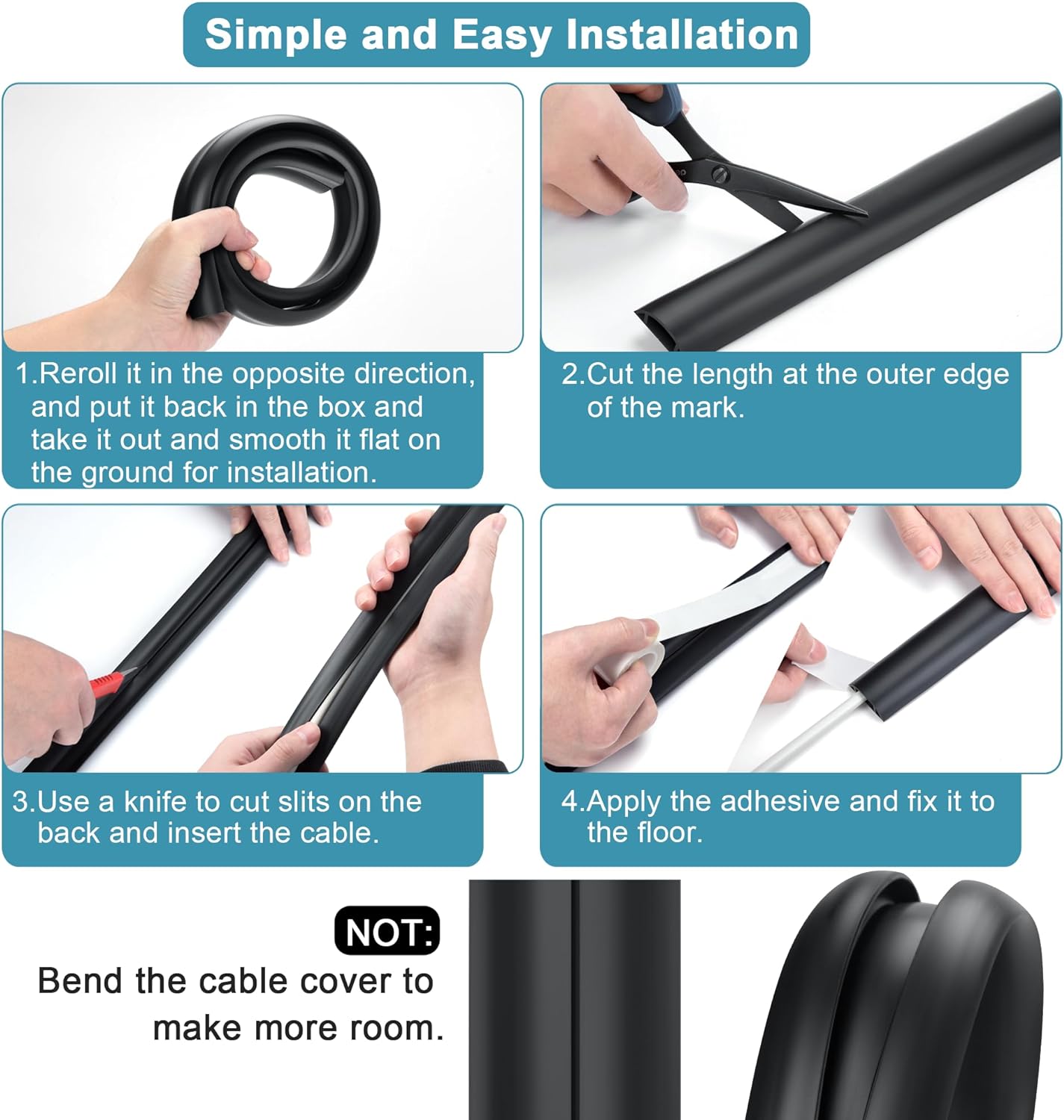 Floor Cable Cover 3ft Black, LZEOY Cord Covers for Wires on Floor, Cord Hider Floor Cable Management, Extension Cord Floor Cover Low Profile, Floor Cord Cover for Office/Carpet/Floor