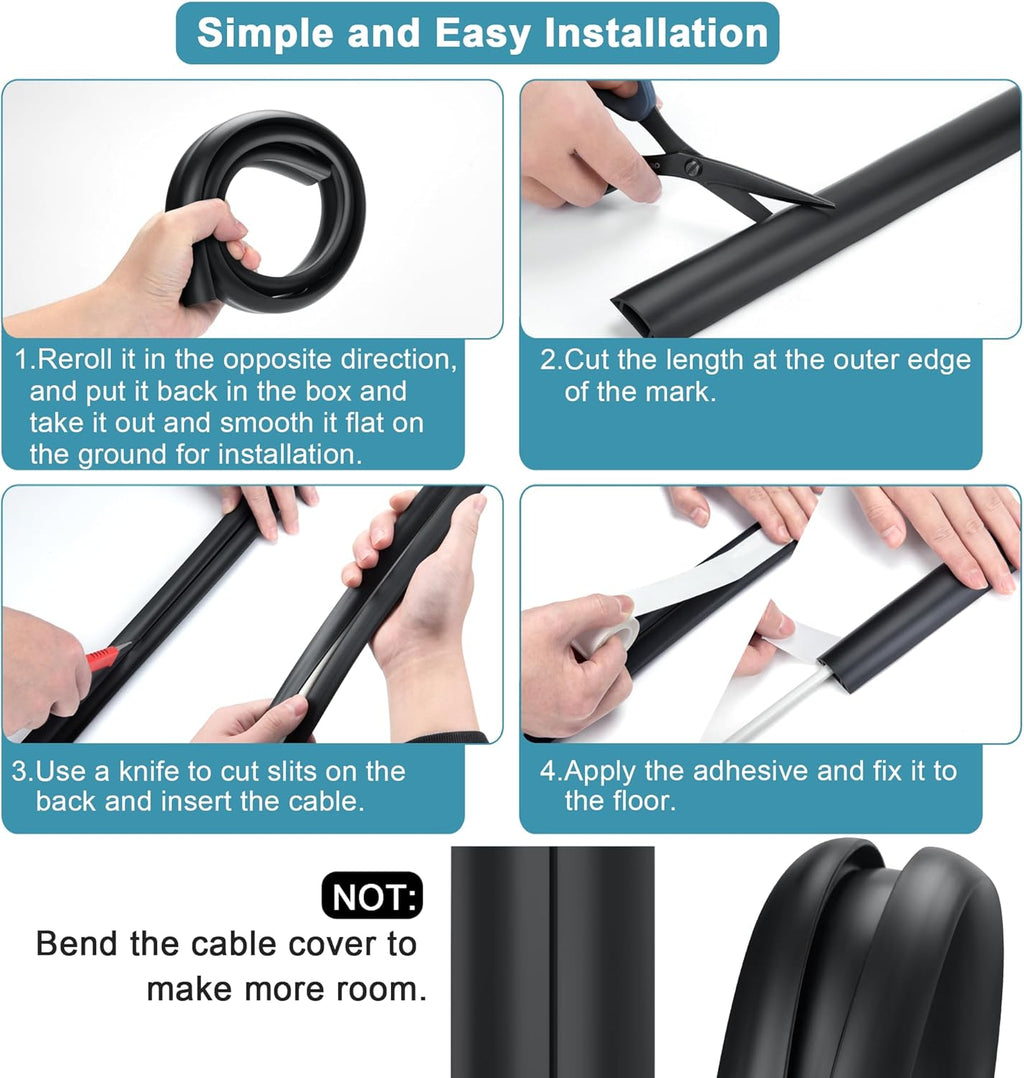 3FT PVC Cord Hider, Black Floor Cord Protector with 0.7 x 0.4 Inch Extension, Soft Wire Covers