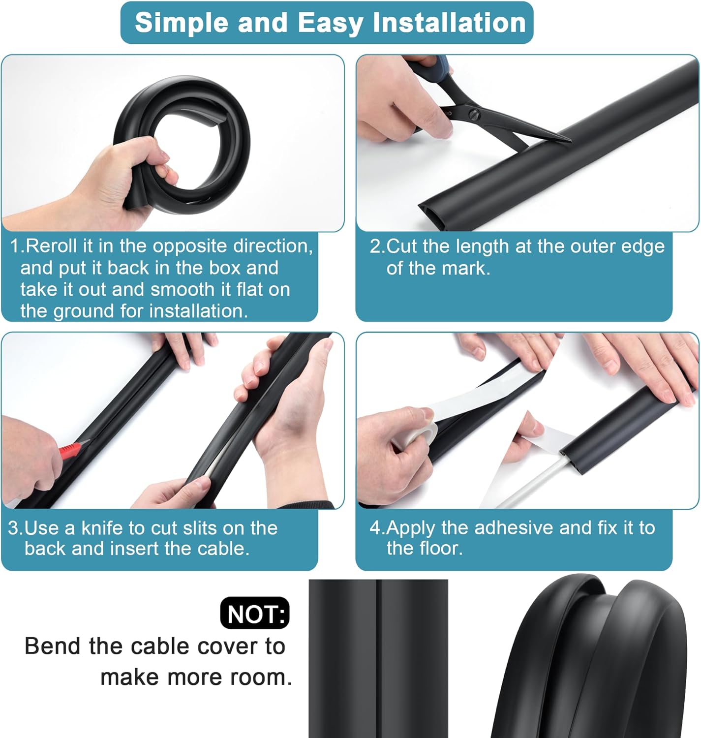 3FT PVC Cord Hider, Black Floor Cord Protector with 0.7 x 0.4 Inch Extension, Soft Wire Covers