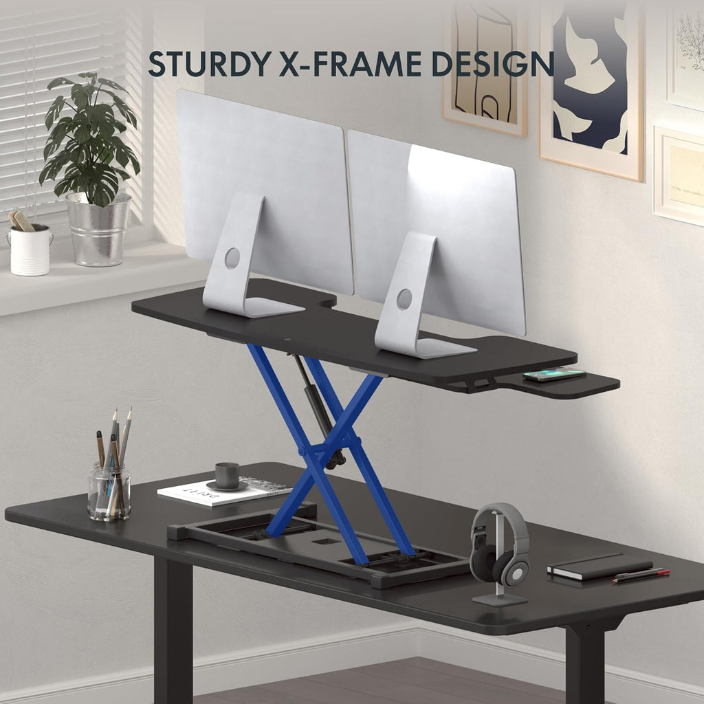 FLEXISPOT Standing Desk Converter 42-inch Spacious Sit to Stand up Dual Monitor and Laptop Riser, Big Size Tabletop Workstation with Large Keyboard Tray, Black