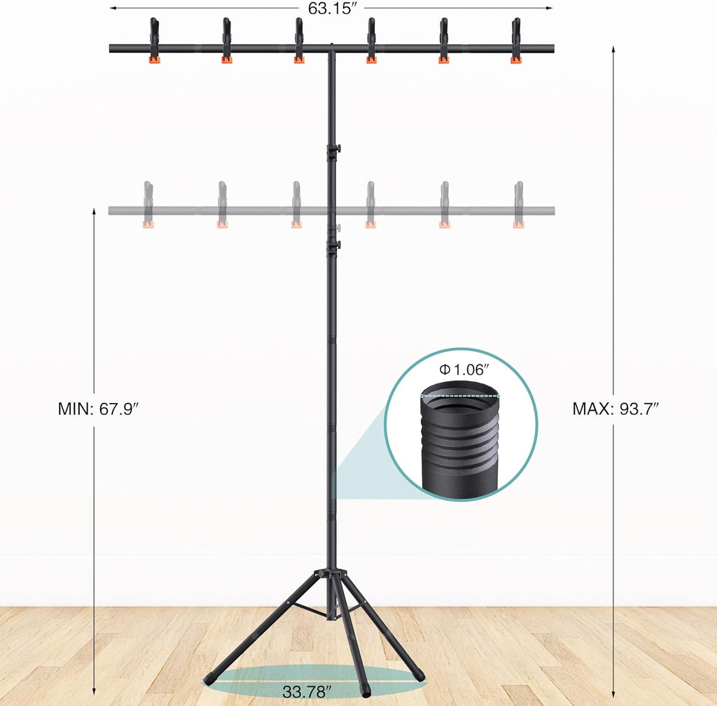 T-Shape Backdrop Stand 8x5.3FT, Height and Width Adjustable Background Stand for Parties,Green Screen Holder with 6 Spring Clamps