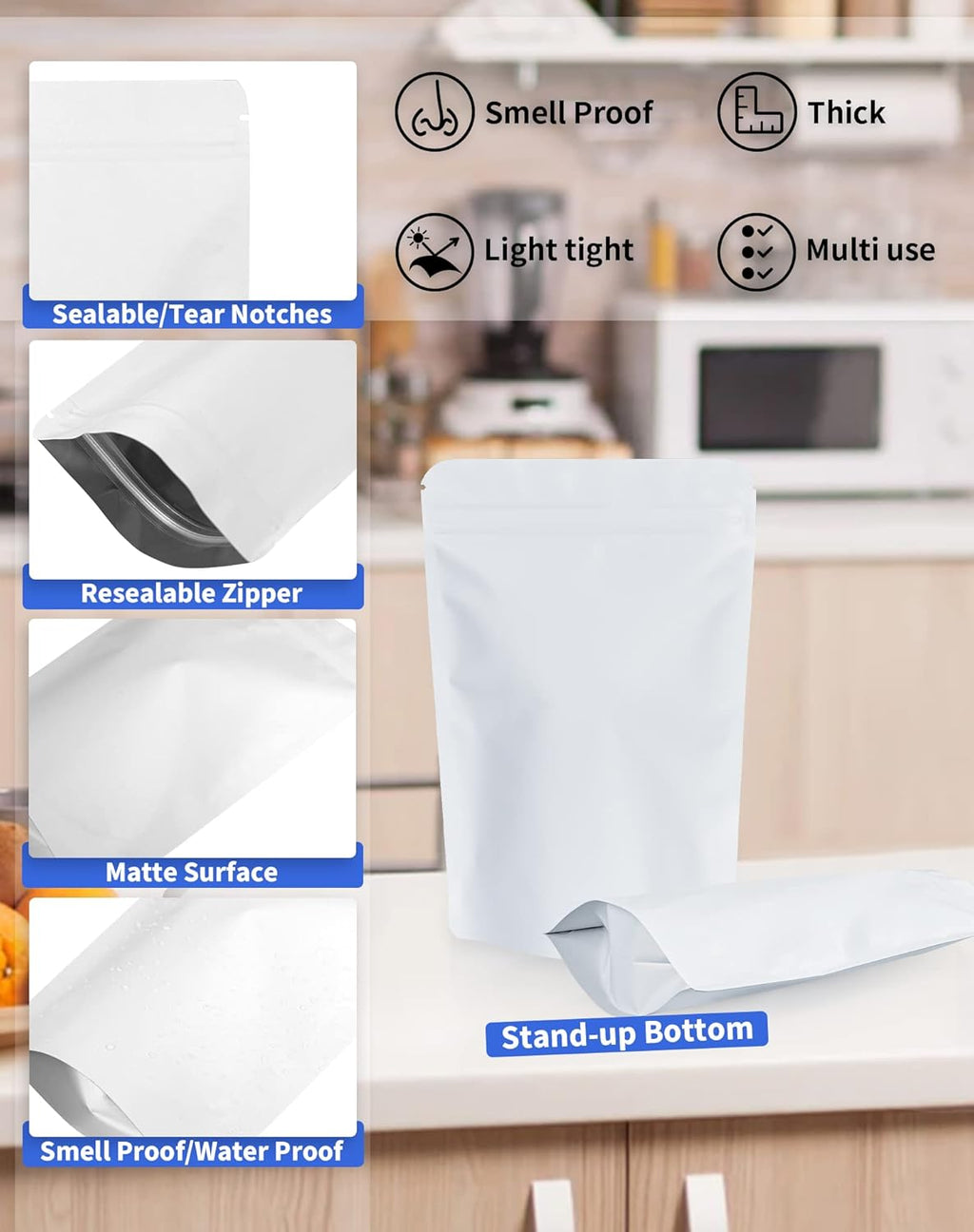 100 Pack Resealable Stand Up Bags,Smell Proof Pouch Sealable Foil Pouch Bags for Packaging (White, 4" x 6")