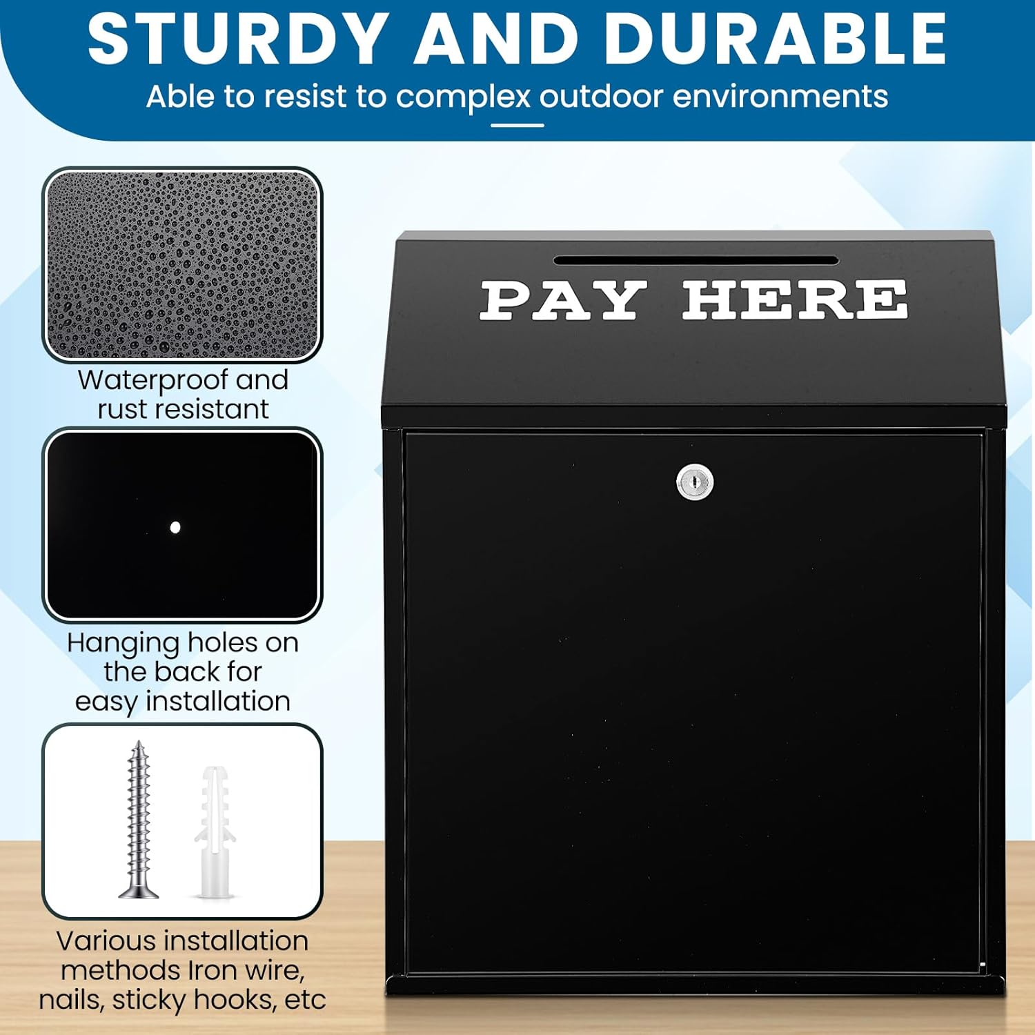 18 x 15 x 7 Inch Safe Cash Box Money Collection Metal Donation Box with Lock Wall Mount Pre Drilled Mailbox Delivery Ballot for Home Office Outdoor Self Serve Stand (Black)
