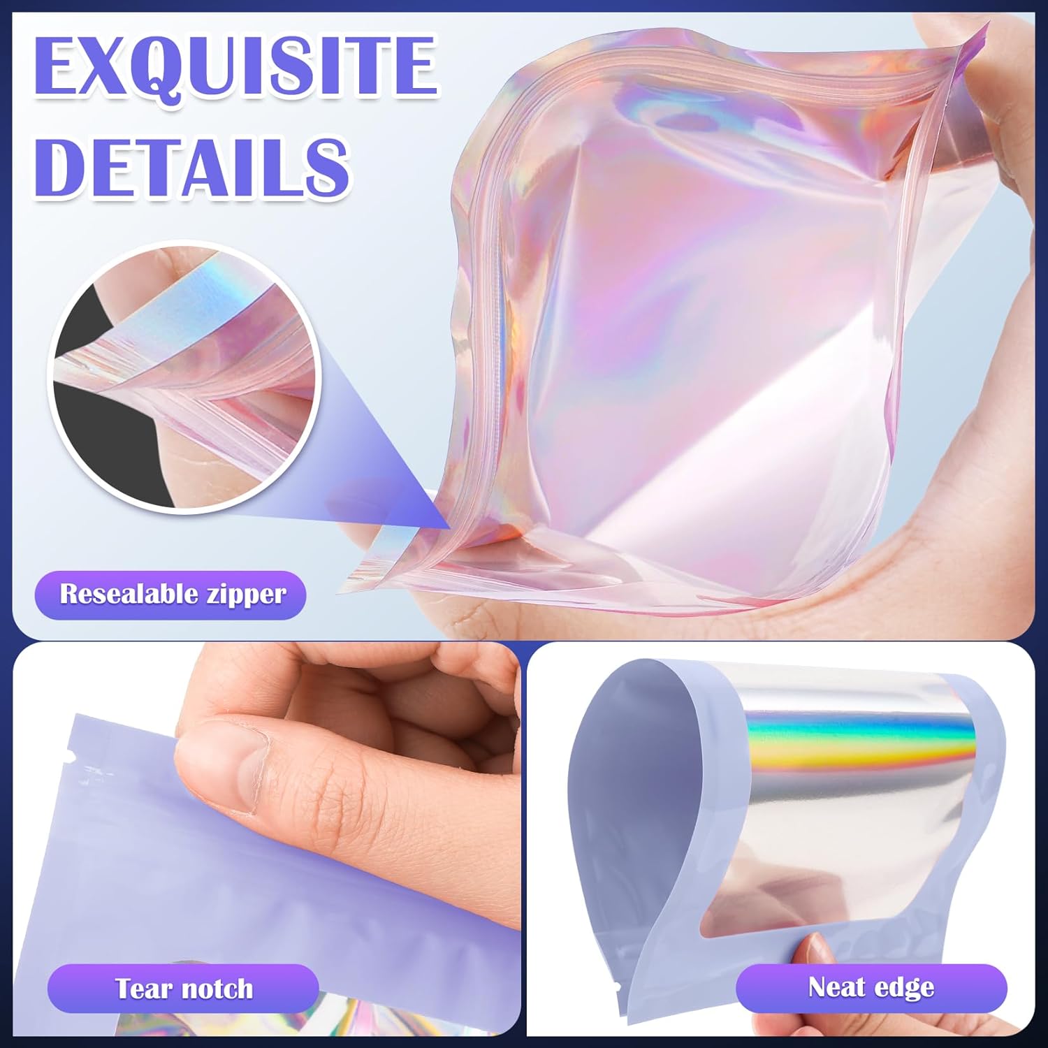 100 Pcs Mylar Bags, Smell Proof Bags Foil Pouch, Holographic Resealable Bags for Small Business, Candy Sample Jewelry Bag Sealable Packaging for Party Favor Food Storage (5.5x7.9in-Purple)