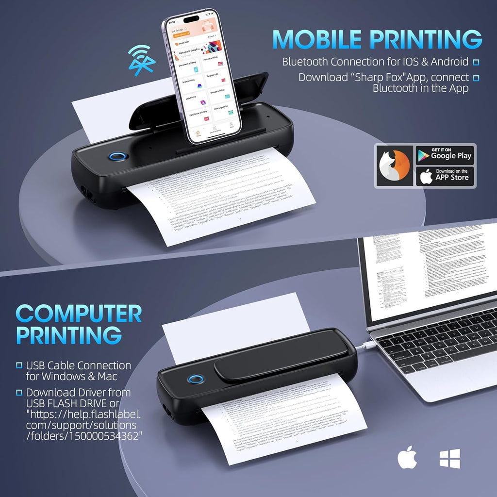 Portable Thermal Printer, Wireless & Bluetooth Mini Inkless Printer for Travel, Office, Home, Supports 8.5x11inch, Compatible with iPhone, Android, Laptop(Black)