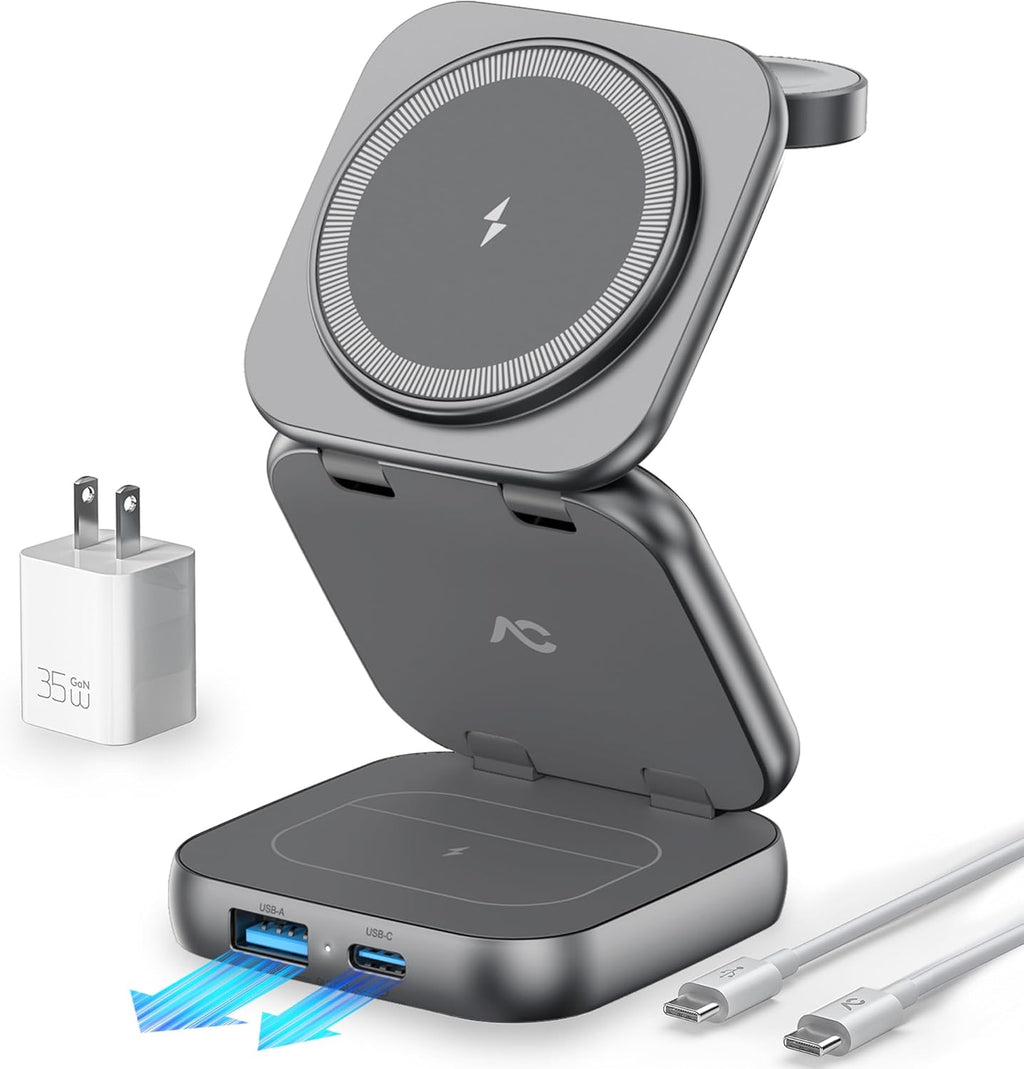 5-in-1 Wireless Charger for MagSafe, AC ISLAND Portable Travel Charging Station, 15W Max Fast Foldable Magnetic Stand, Evolved for iPhone 17/16/15/14/13 Series, Apple Watch, AirPods (with 35W Adapter)