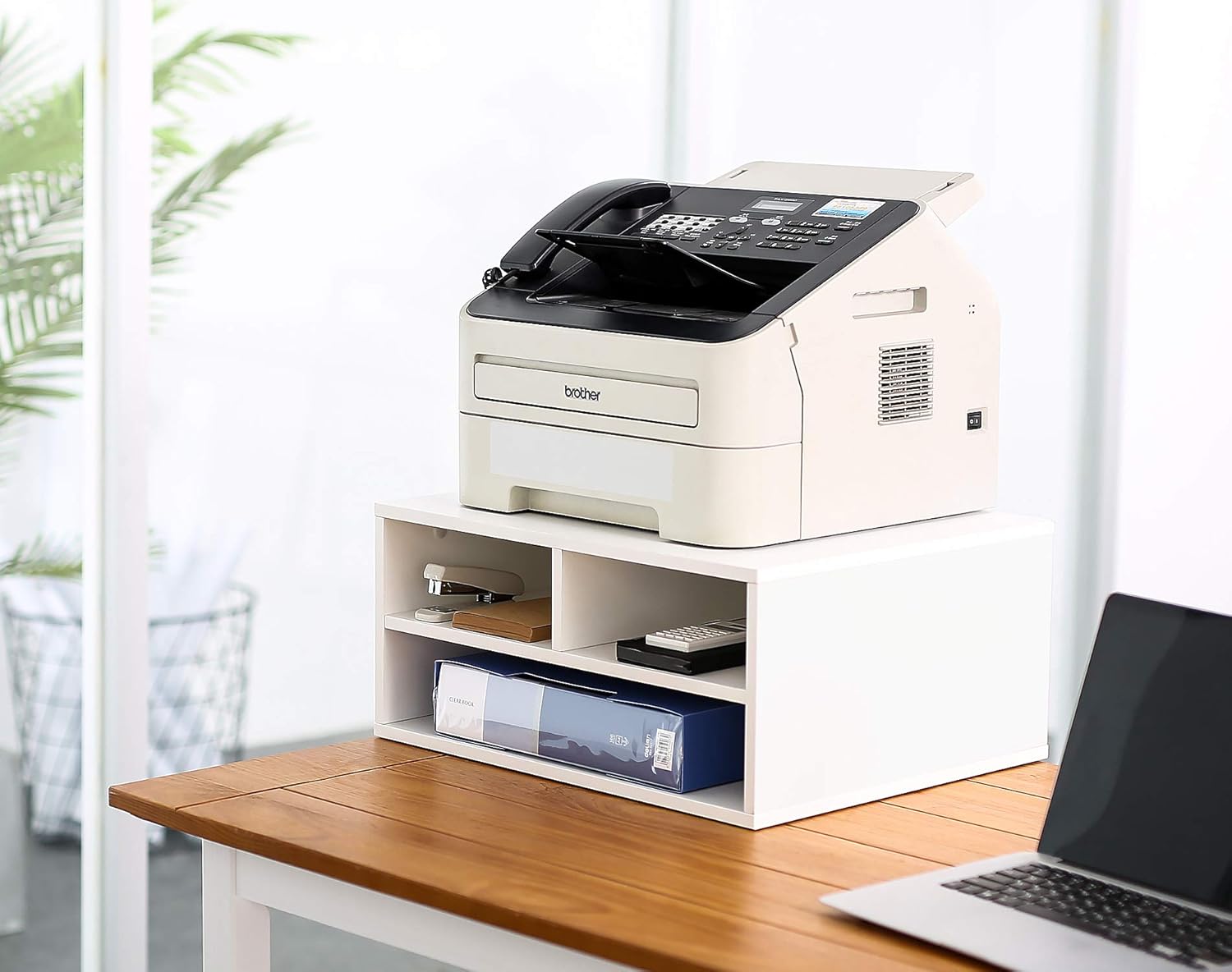 FITUEYES Large Printer Stand with 3 Storage Compartments, Desk Paper Organizer for Home Office, 2-Tier Wood Printer Shelf, White, 18.9" L x 15.7" W x 8.7" H